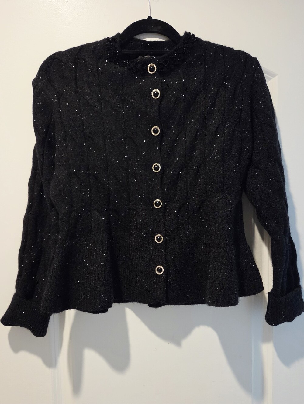 Black Sparkle Cable-Knit Button-Front Women's Sweater